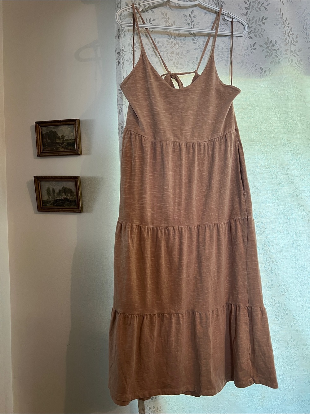 Women’s Strappy Tiered Dress in Tan. Has pockets!